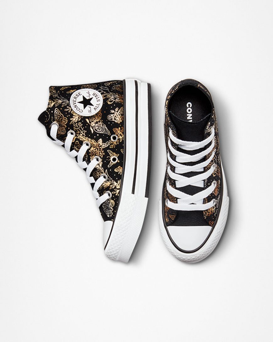 Topanky Na Platforme Converse Chuck Taylor All Star EVA Lift Butterfly Shine Vysoke Dievcenske Čierne Zlate Biele | SK BOQNR9